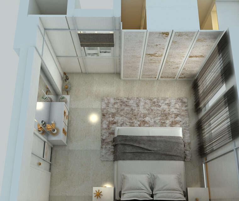 Stylish bedroom interior with plush rug, upholstered bed, and soft curtain panels