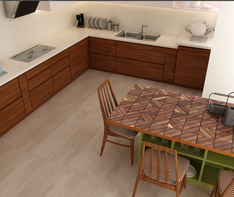 U-shaped modular kitchen with white countertops, built-in gas stove, wooden cabinets, and abstract backsplash