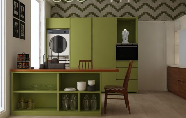 Bright kitchen with green cabinetry, built-in appliances, and patterned wall design