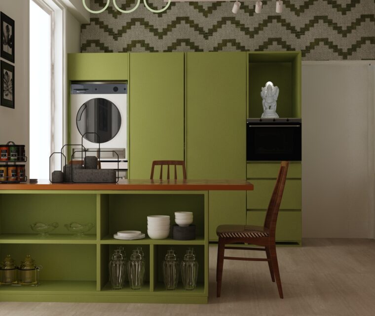 Bright kitchen with green cabinetry, built-in appliances, and patterned wall design