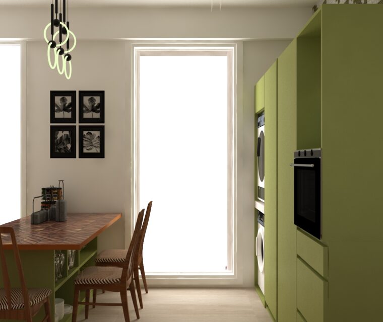 Green-themed modular kitchen with open shelving, patterned countertop, and modern appliances
