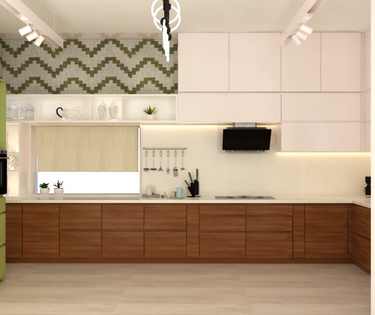 Minimalist modular kitchen island and dining zone, natural wood finish and glass shelving