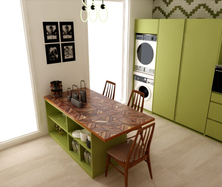 Kitchen view with wooden cabinets, tiled island, and table setting for modern home