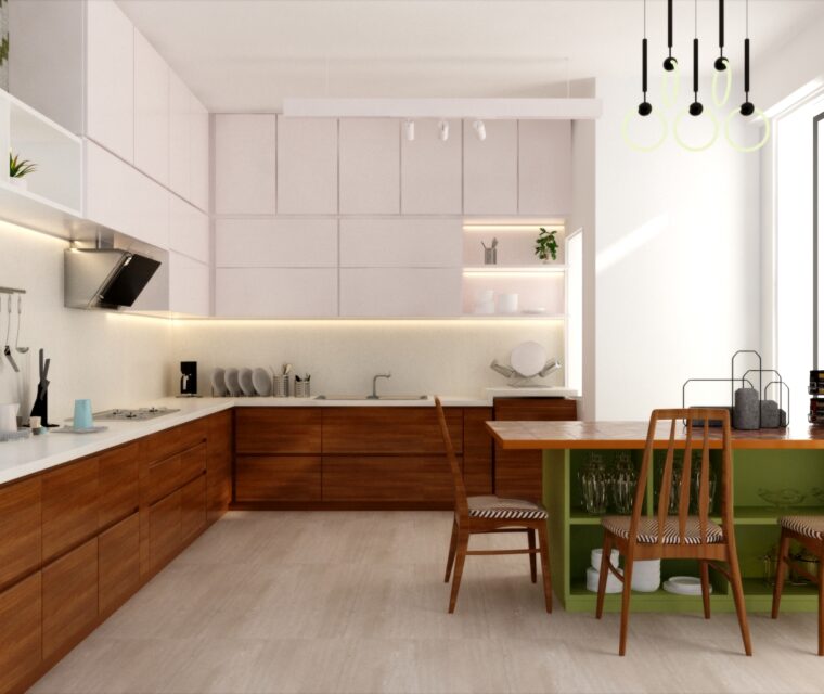 Stylish modular kitchen with green cabinets, integrated washing machine, built-in oven, and geometric tile wall