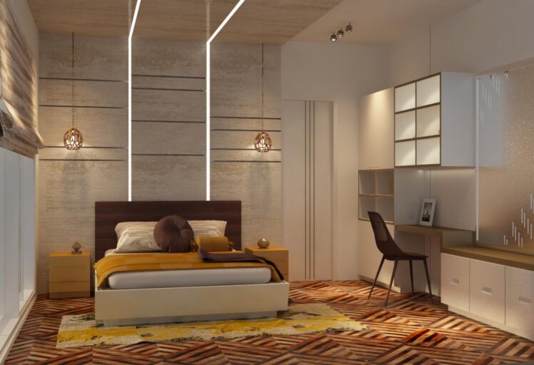 Cozy bedroom design with plush bed, wooden nightstands, and accent rug