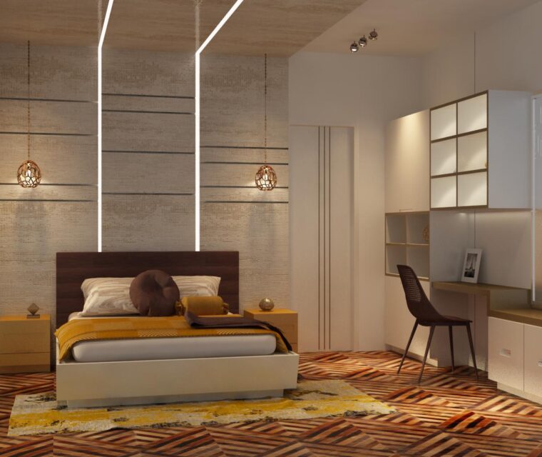 Cozy bedroom design with plush bed, wooden nightstands, and accent rug