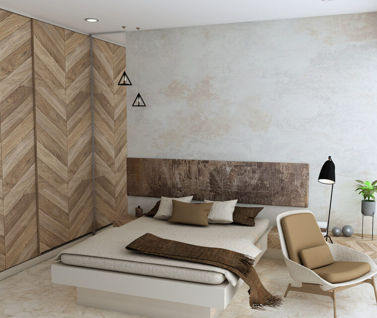 Contemporary bedroom with herringbone wooden wardrobe and accent wall in neutral tones