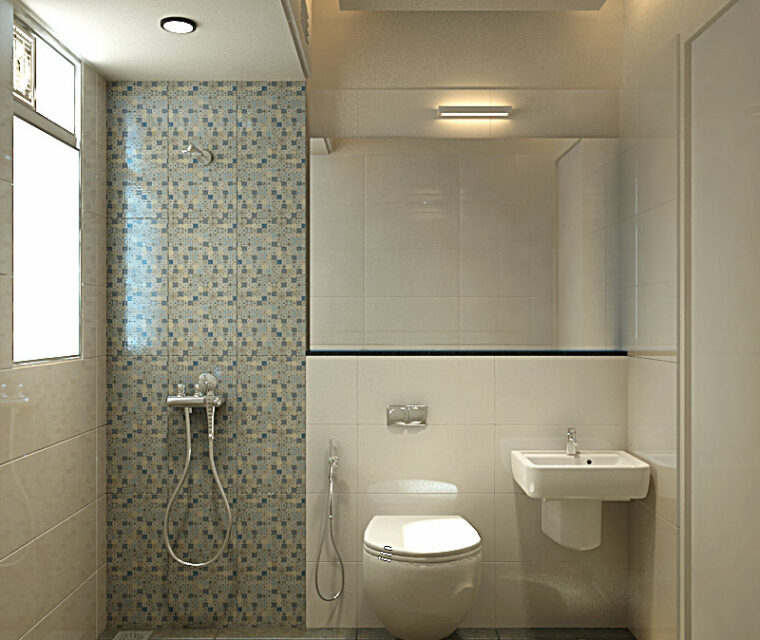 Modern bathroom design with wall-mounted WC, designer wash basin, and mosaic shower wall featuring