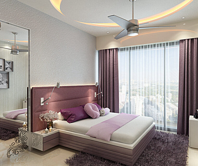 Luxury bedroom with upholstered bed, floor-to-ceiling curtains, and panoramic city view