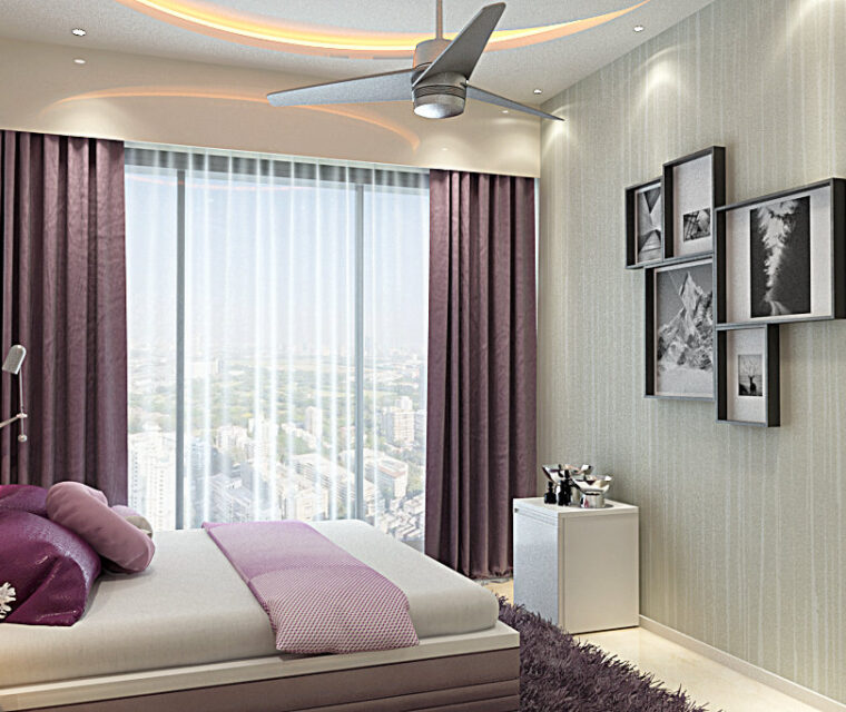 Modern master bedroom interior design with large windows, velvet accents, and ceiling lights