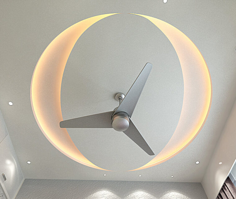 Ceiling design with recessed lighting and modern fan in a stylish master bedroom