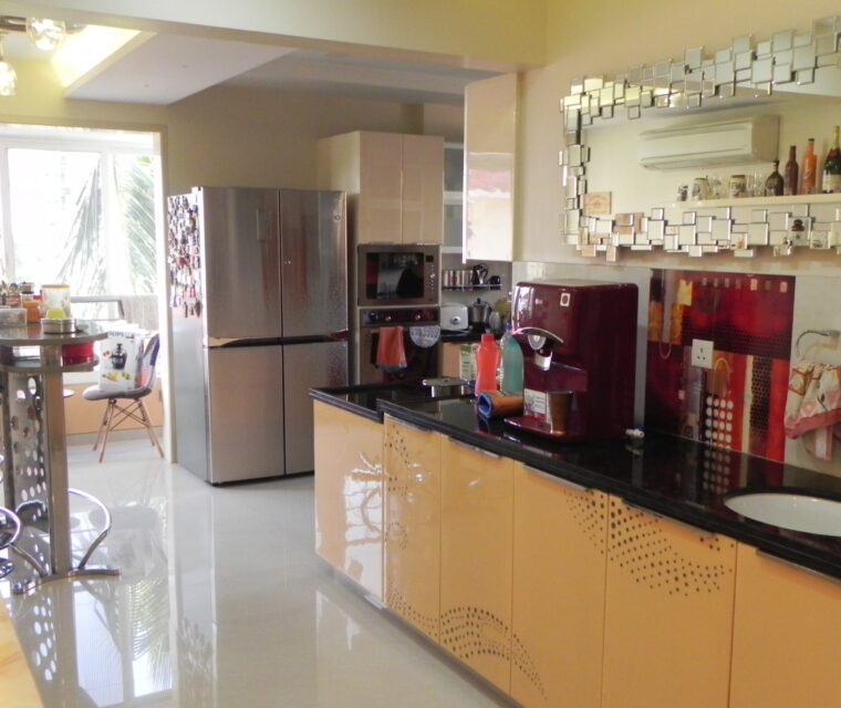 Contemporary bar counter with storage cabinets, glass shelves, and decor bottles
