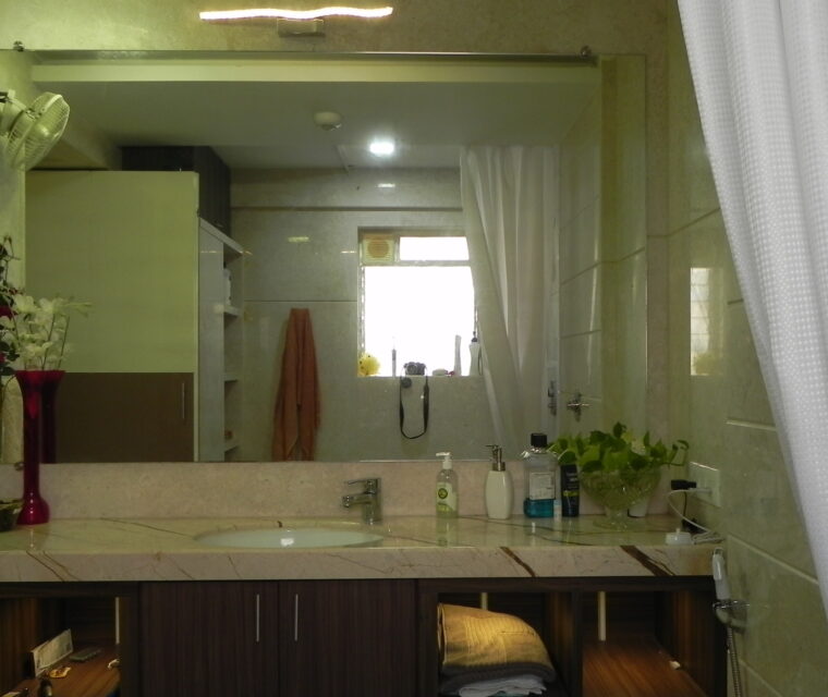 Lavish bathroom vanity design with marble counter, large wall mirror, and flowers