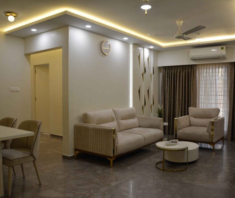 Luxurious living room with plush sofas, accent tables, and LED lighting design