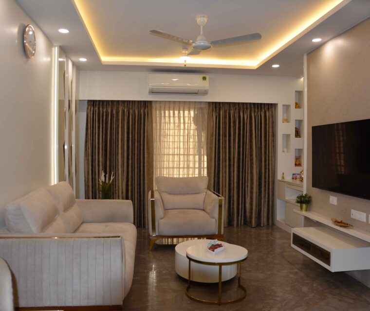 Premium living room interior with beige sofa and TV unit in luxury flat design