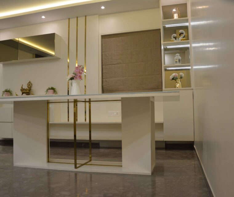 Minimalist dining room with decorative console and glass tabletop in apartment interiors
