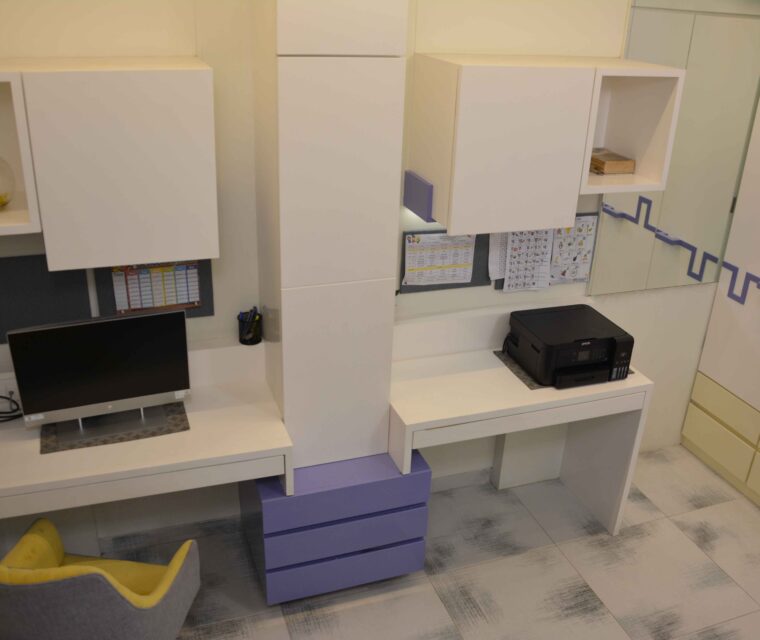 Dual workspace interior for home office with storage cabinets and printer setup