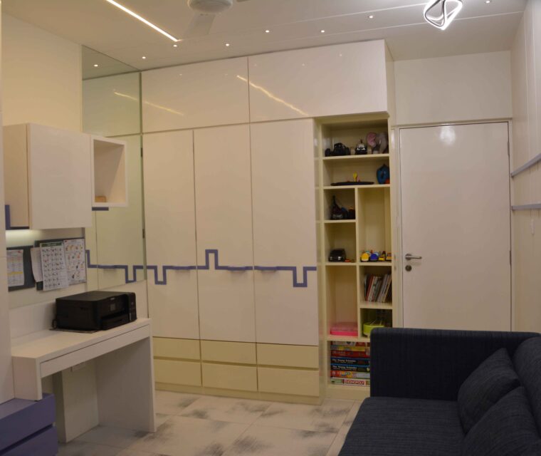Stylish kids bedroom and study area with built-in wardrobe and organized shelves