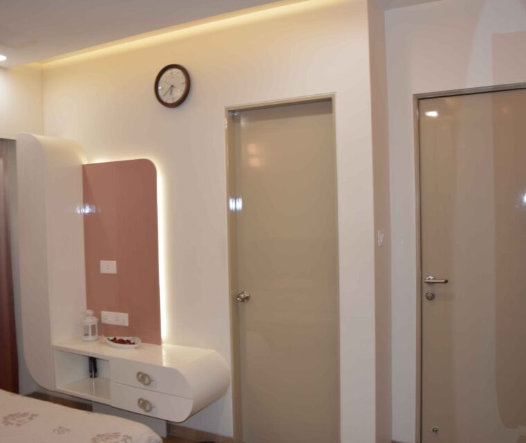 Designer upholstered bedroom panel with olive green headboard and blackout curtains