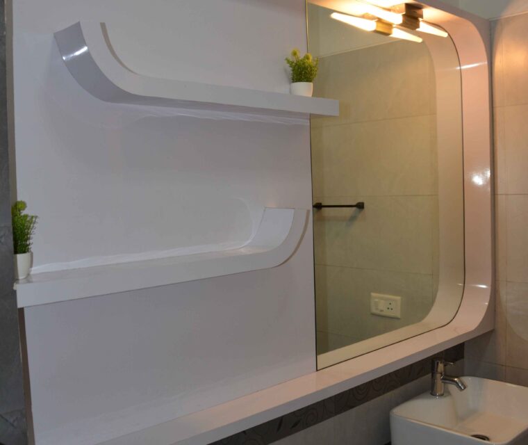 Contemporary bathroom with white vanity, mirror, and decorative indoor plants