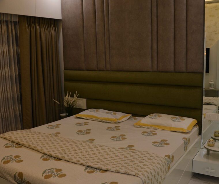 Modern bedroom wall panel with soft pink accent and stylish dual storage drawers