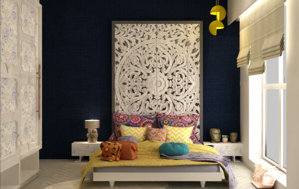 modern compact bedroom with pastel tones, fitted storage wardrobes, and accent lighting