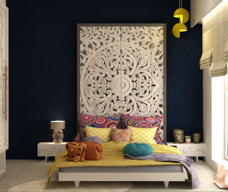 modern compact bedroom with pastel tones, fitted storage wardrobes, and accent lighting