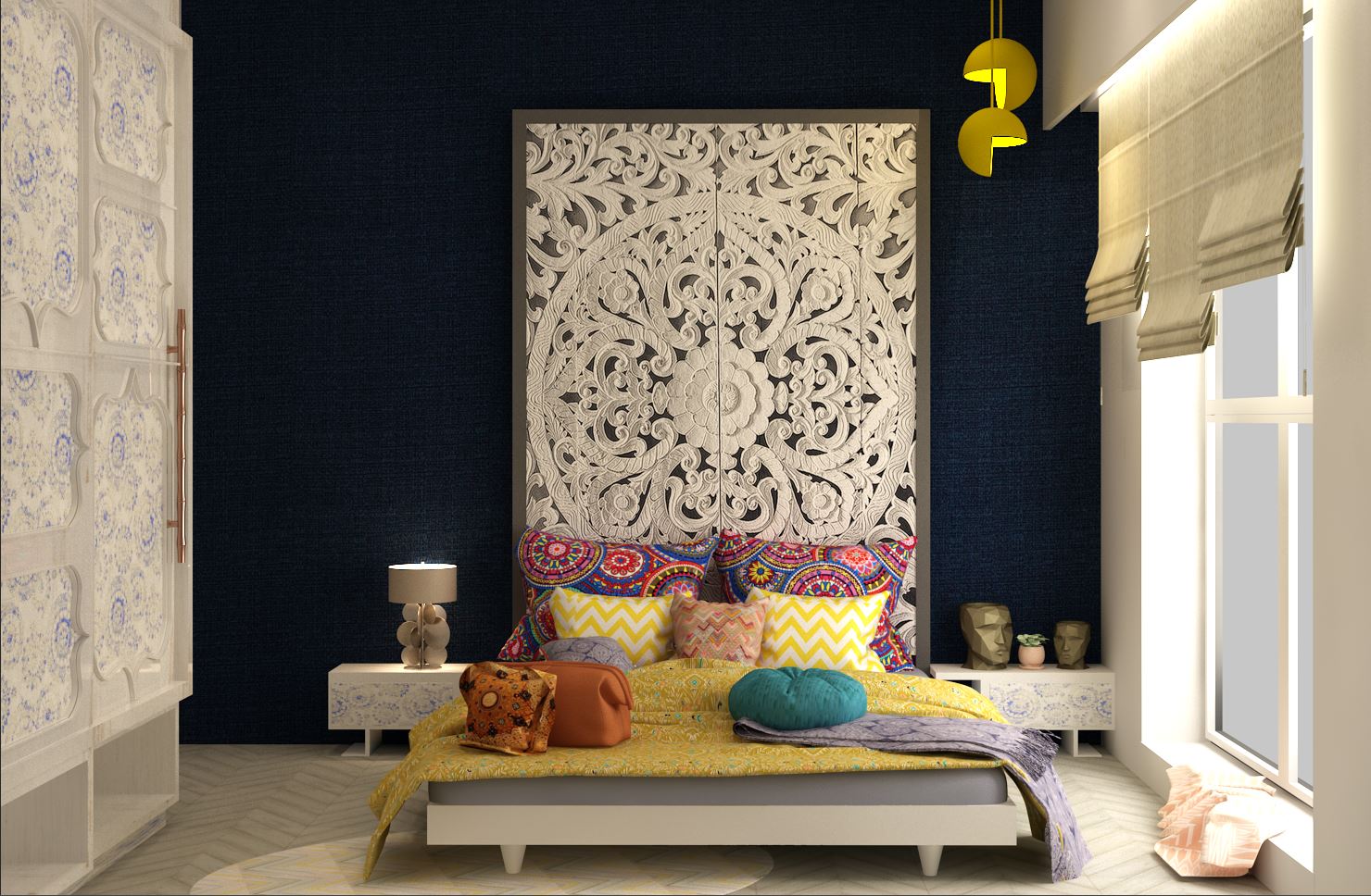 modern compact bedroom with pastel tones, fitted storage wardrobes, and accent lighting