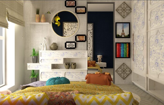 modern minimalist bedroom layout with accent window blinds, cozy bedding, and pastel interior theme