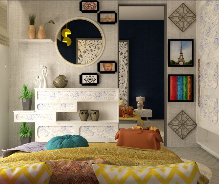 modern minimalist bedroom layout with accent window blinds, cozy bedding, and pastel interior theme