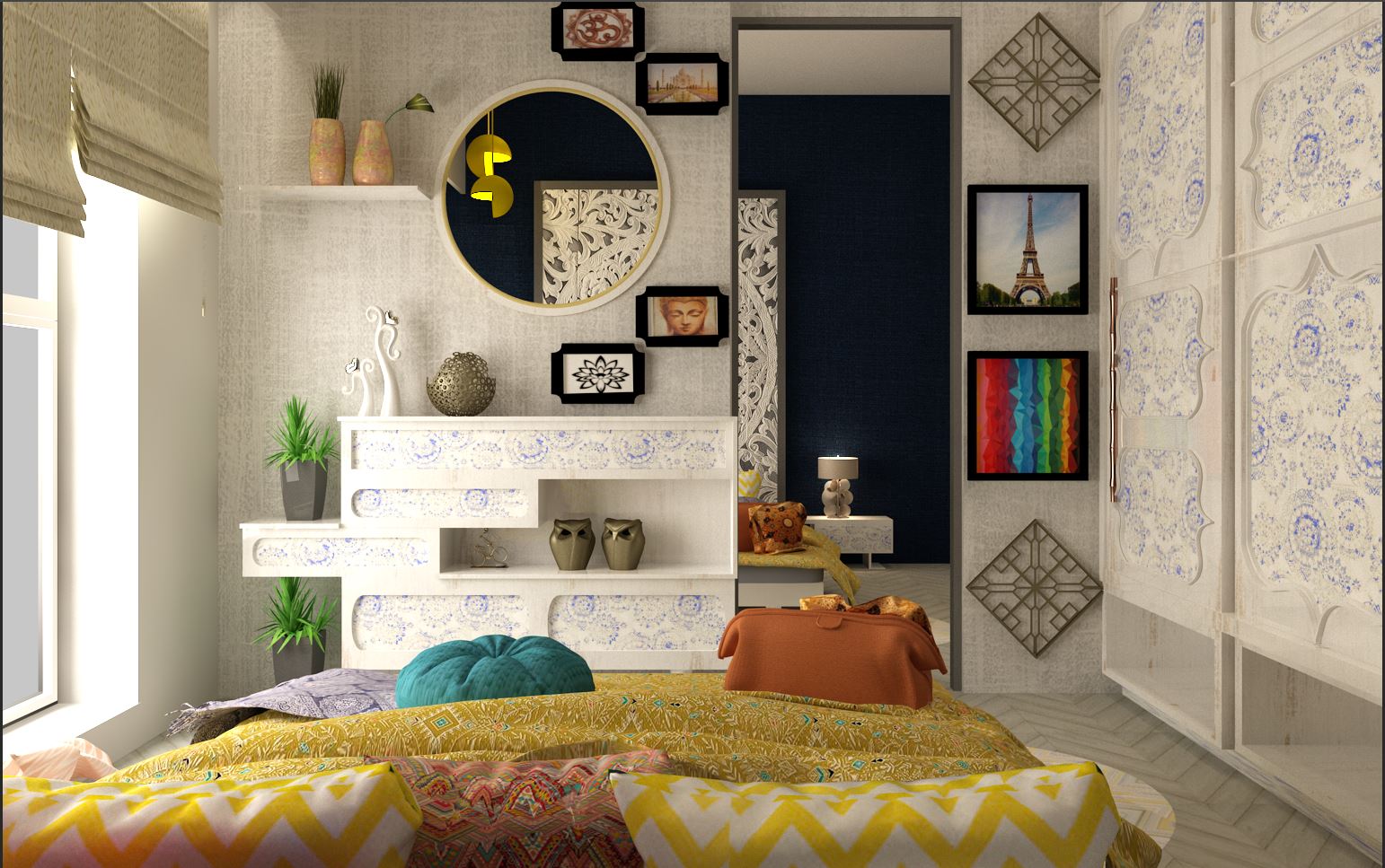 modern minimalist bedroom layout with accent window blinds, cozy bedding, and pastel interior theme