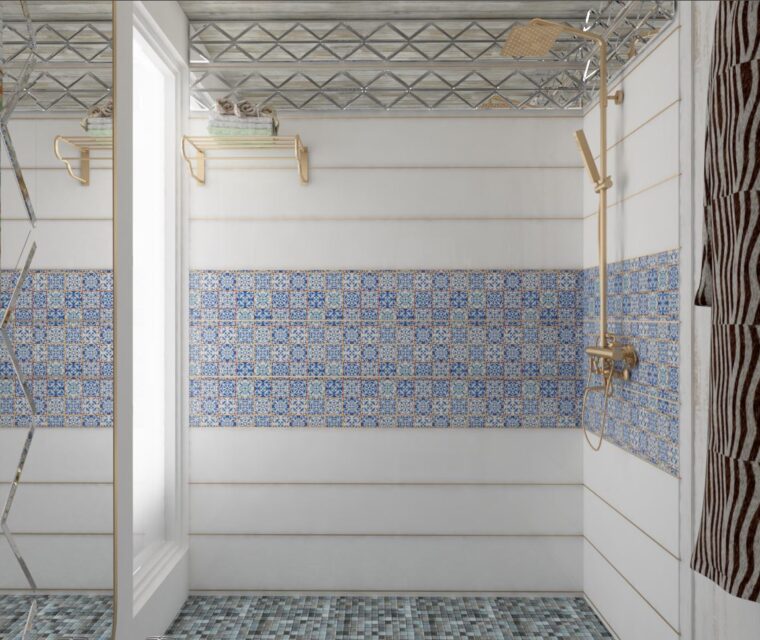 stylish bathroom with patterned half-tiled walls, designer shower, and space-saving fixtures