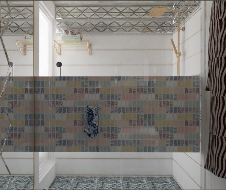 contemporary bathroom with Moroccan patterned wall tiles, floating fixtures, and gold accents