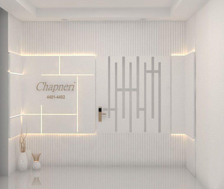 luxury entry lobby with artistic linear patterns, accent lighting, and custom nameplate