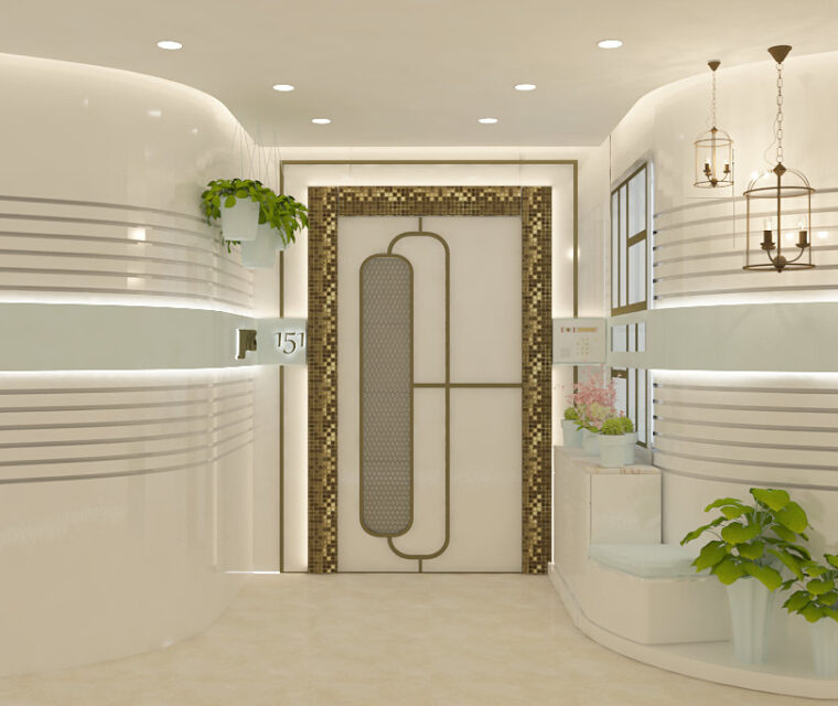 Contemporary apartment entrance lobby with decorative lighting, wall accents, and indoor planters