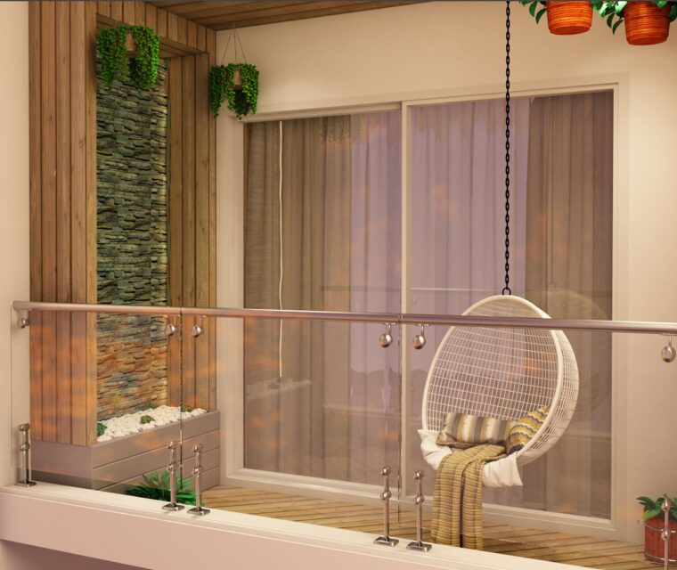 cozy balcony seating area with wall art, hanging planters, and cityscape view