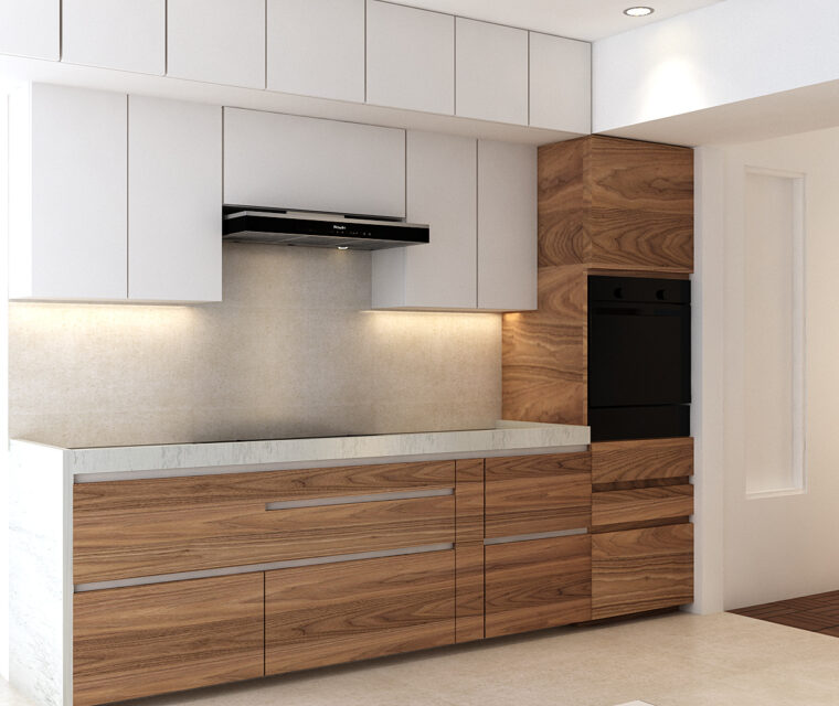Modular kitchen design with wooden lower cabinets, white upper cabinets, and built-in hob
