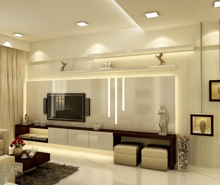 Elegant TV unit design in living room with floating shelves and soft ambient lighting