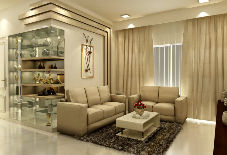 Open plan living and dining area with bar counter and luxury pendant chandelier