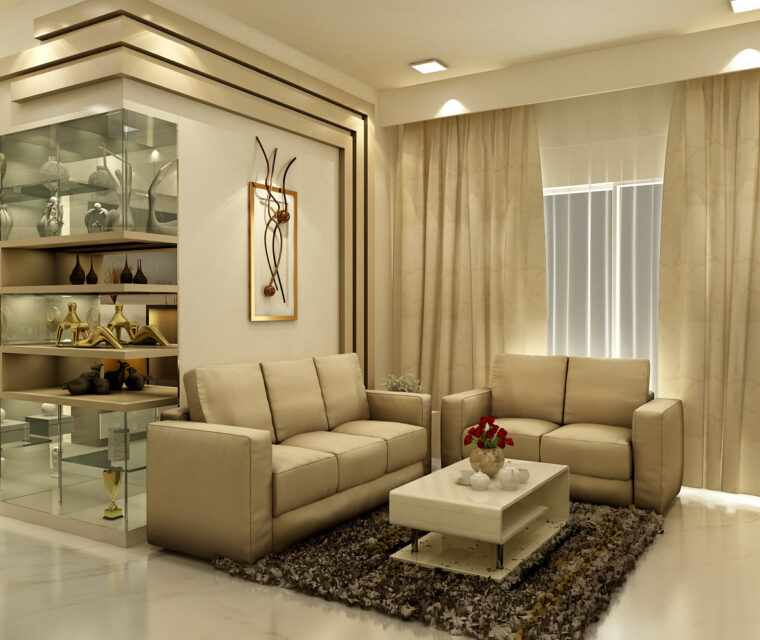 Open plan living and dining area with bar counter and luxury pendant chandelier