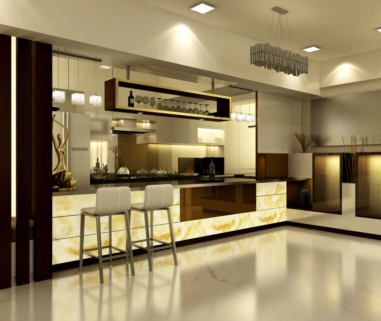 Premium living room interiors with showcase shelving and gold decorative sculptures