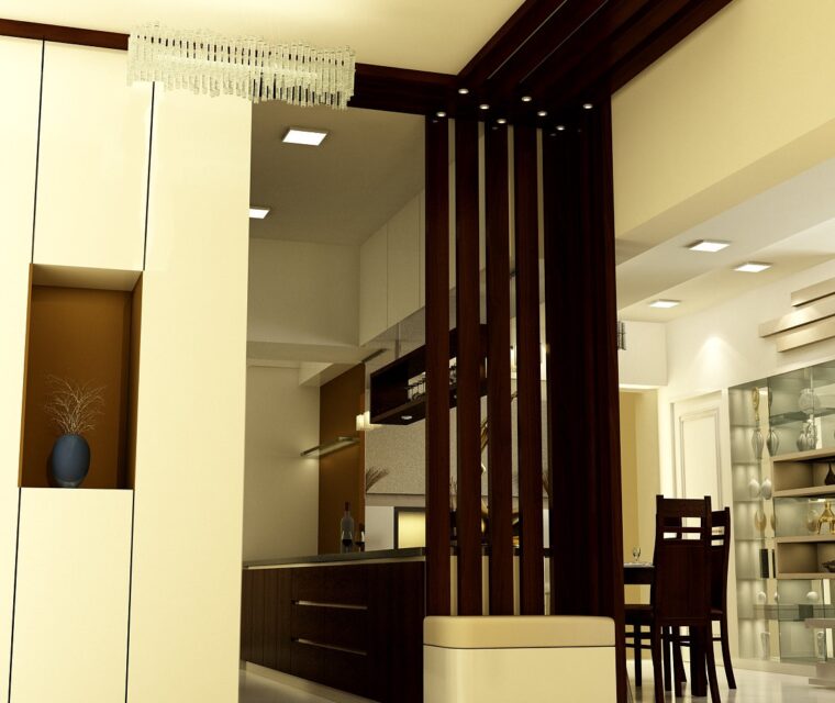 Classy living room with curated decorative pieces on open shelves and designer couches