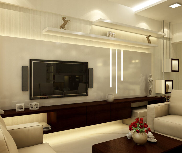 Contemporary living room with beige sofas, artistic wall décor, and built-in display cabinet