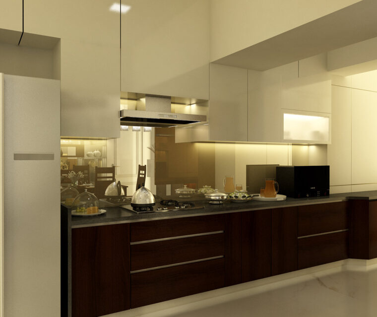 Sleek modular kitchen in neutral tones with high-gloss cabinets and a spacious countertop