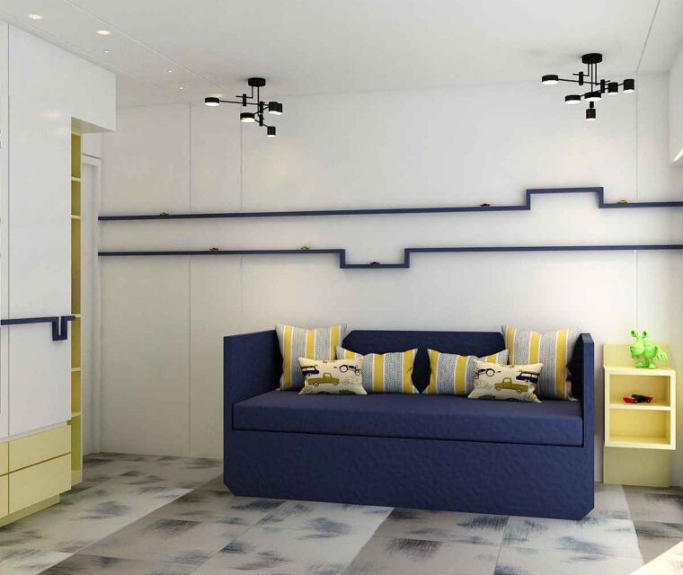 Side table in kid’s bedroom with creative angular shelves and yellow finish