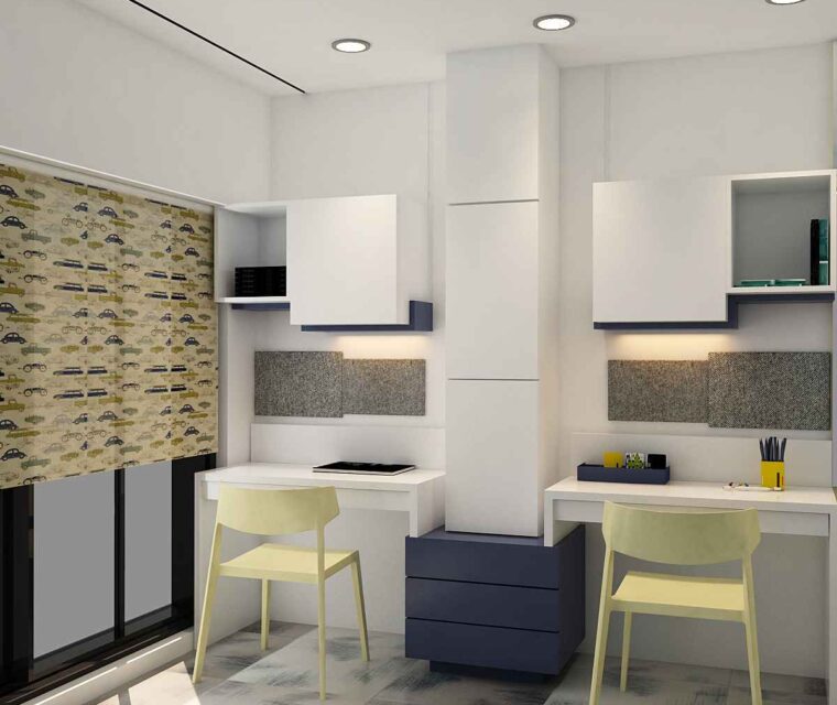 Modern kids study area with dual desks, accent shelves, and bright lighting