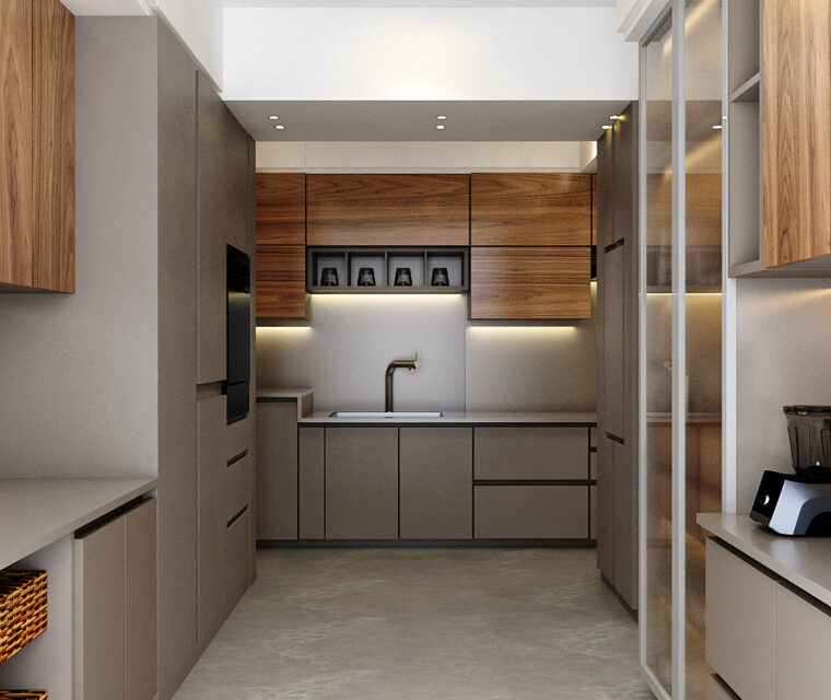 Modern kitchen layout with open shelving and appliance storage