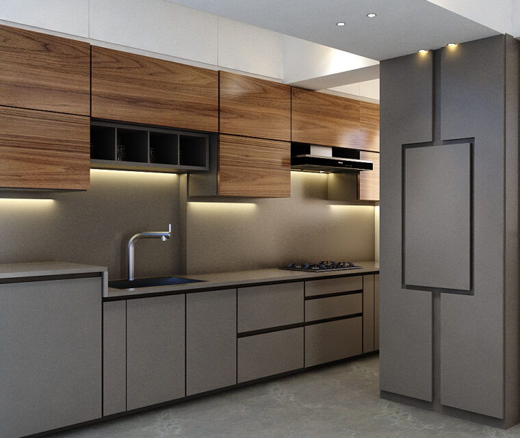 Modern minimalist kitchen interior with matte cabinets, wood overheads, and concealed lighting