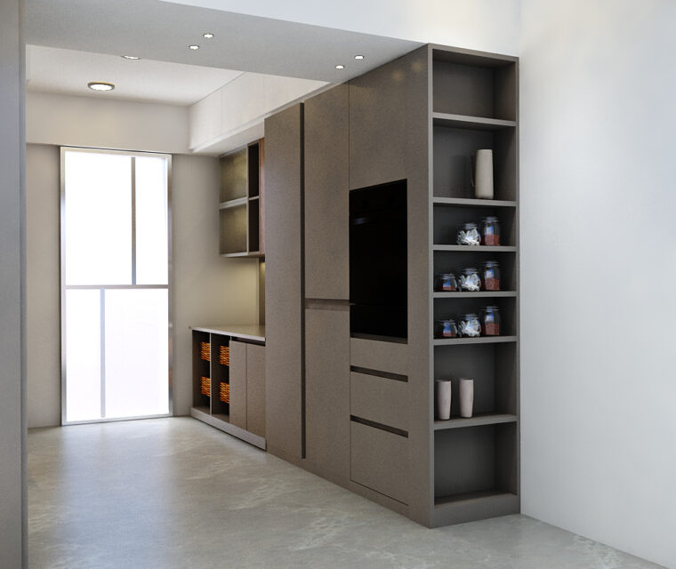 Modular kitchen setup with coffee station, glass cabinets, and modern storage