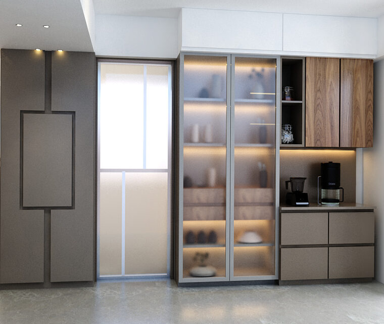 Sleek modular kitchen cabinets with wood and glass finishes, modern lighting and appliances